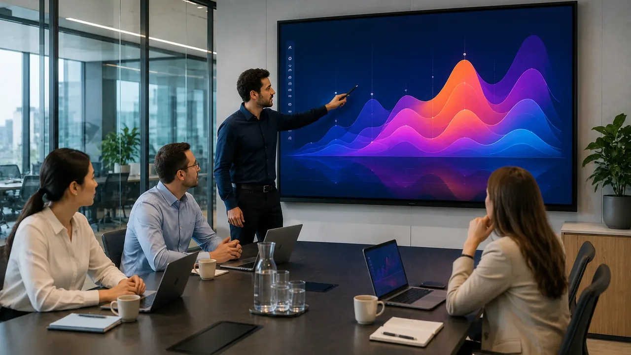 Conference room touch screen in use during a meeting
