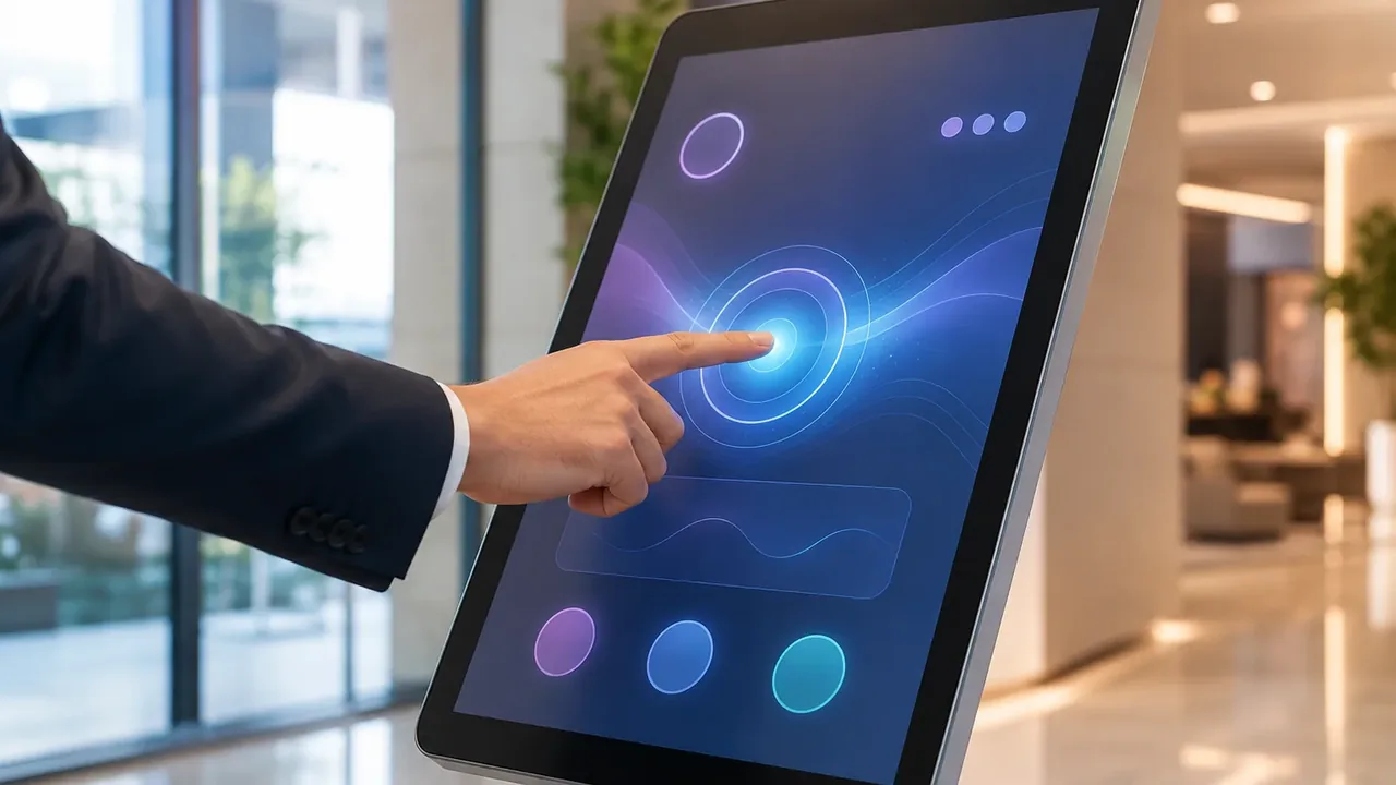 Freestanding custom interactive touch screen kiosk in a retail space