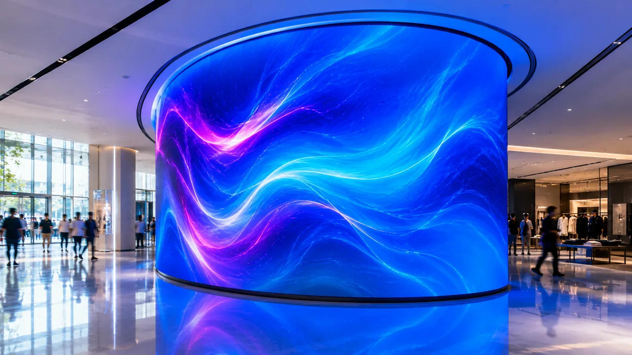 Curved custom LED display engineered for a creative commercial space