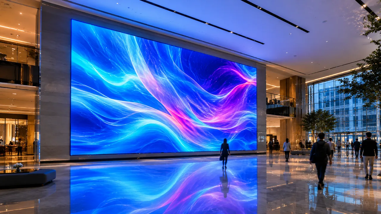 Fine-pitch indoor LED screen in a corporate lobby