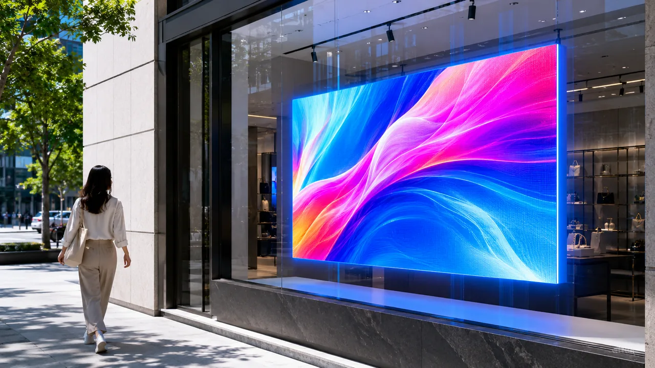 Small shop front with an LED display above the entrance